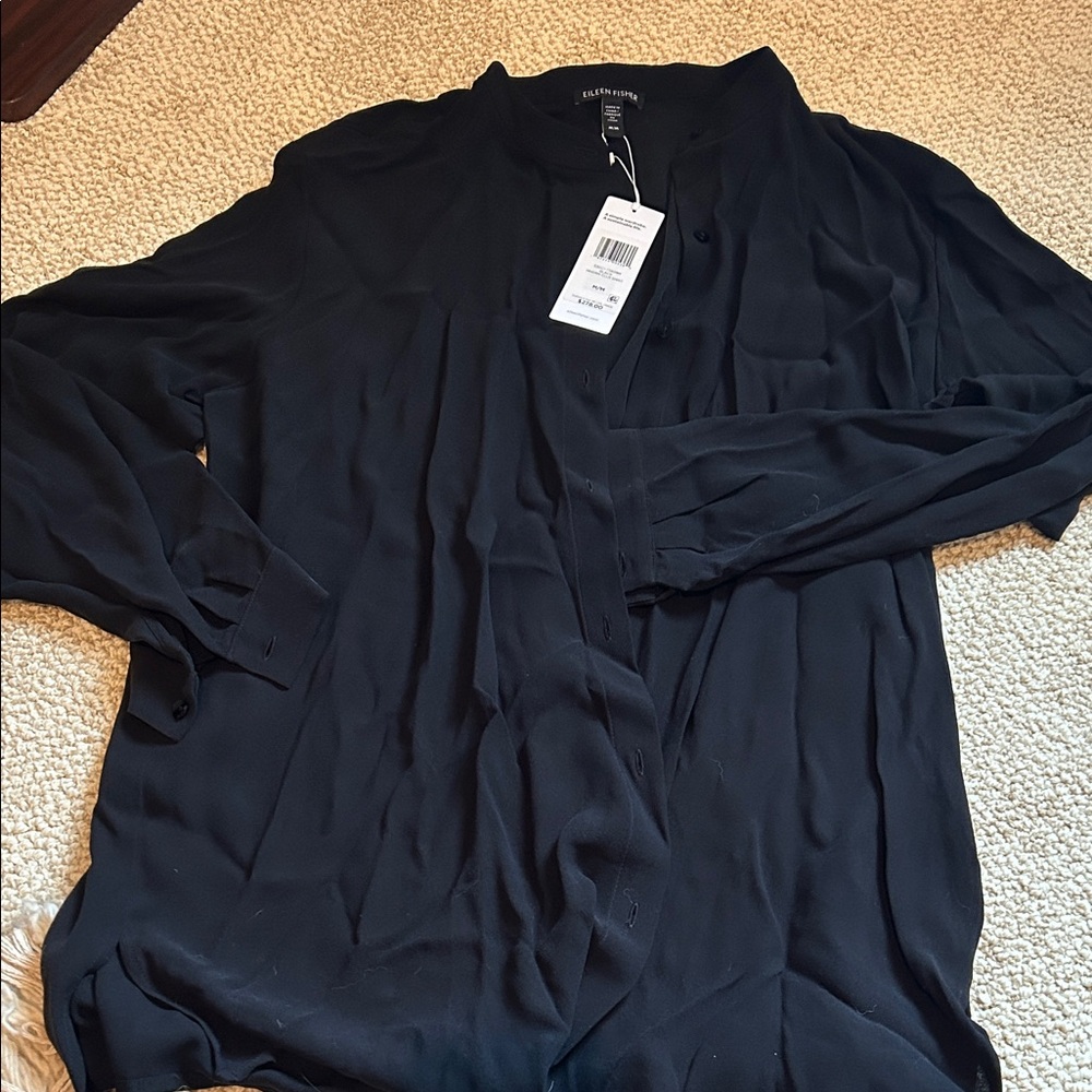 NWT Eileen Fisher Black Button-Up Blouse, No Collar, size M